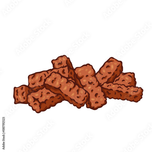 Rye bread croutons pile line icon. Outline hand drawn salty crisp snack for beer, crunchy spicy brown crackers. Oktoberfest food, pub party mascot, fried bread pieces color icon vector illustration