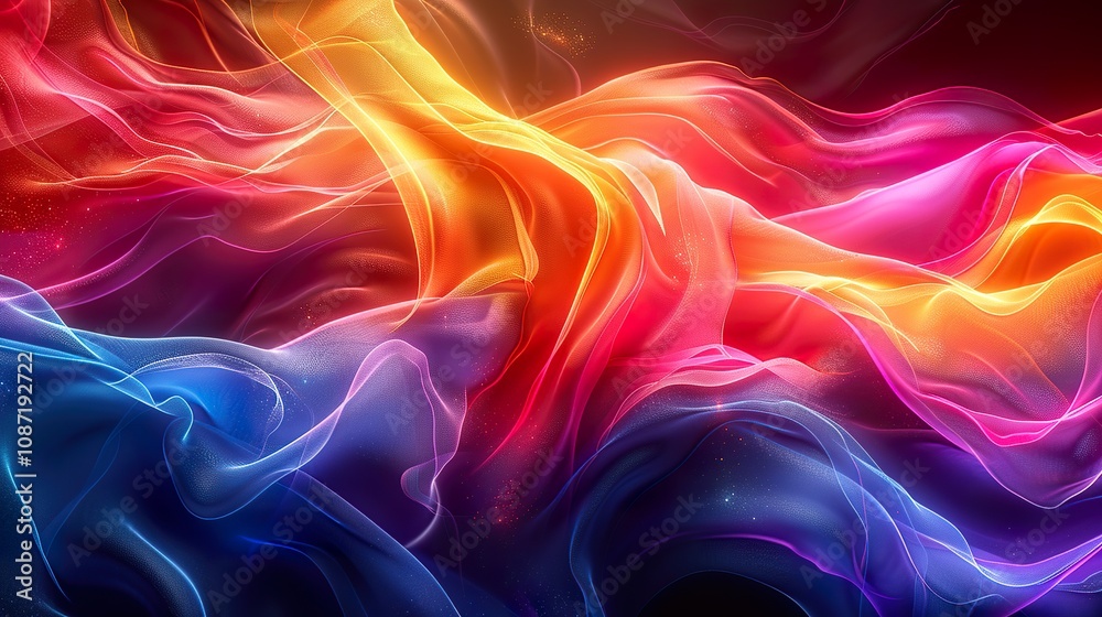 Obraz premium Vibrant Abstract Neon Background: Modern Art Wallpaper with Wavy Patterns and Dynamic Curves, ideal for websites, presentations, and digital art projects