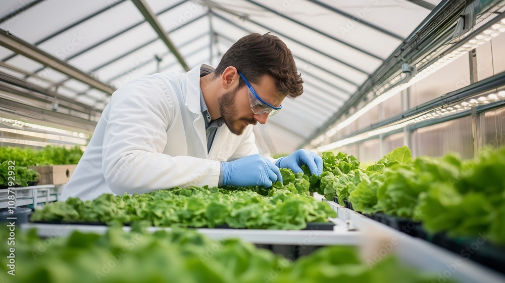 Agricultural scientist examining lettuce crops growing in hydroponic greenhouse Agricultural scientist examining lettuce crops growing in hydroponic greenhouse