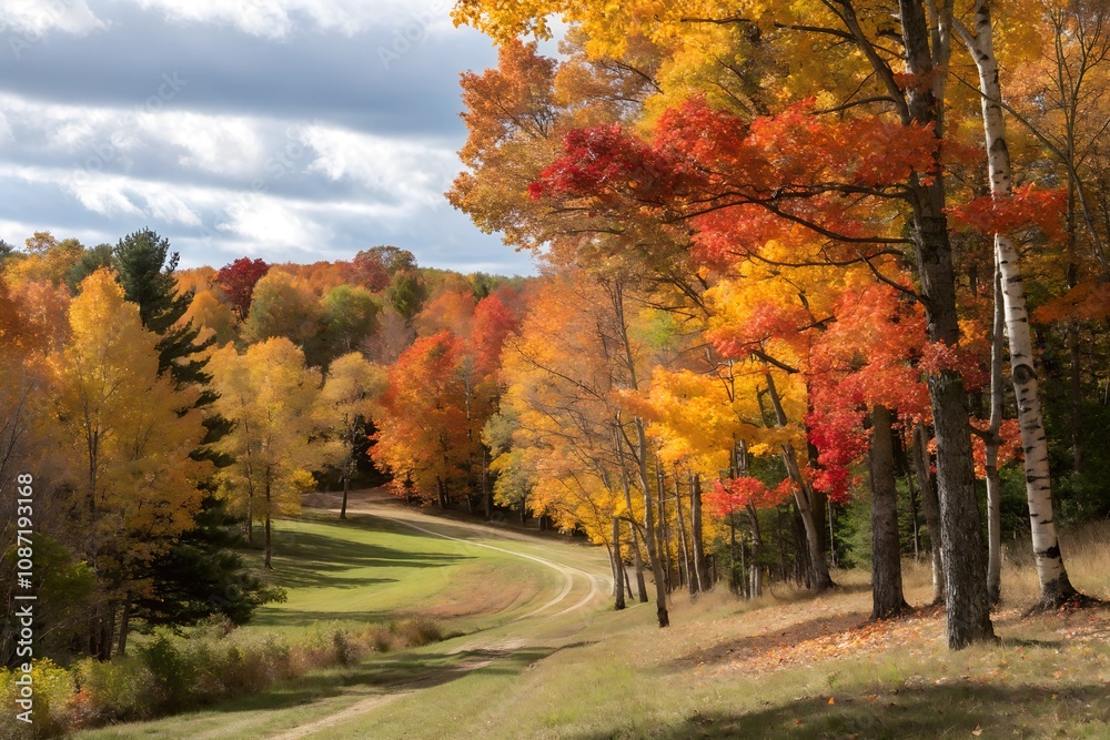 A beautiful display of changing autumn colors on the trees in a forest landscape, fall, outdoor setting, deciduous trees, tree branches A beautiful display of changing autumn colors on the trees in a forest landscape, fall, outdoor setting, deciduous trees, tree branches