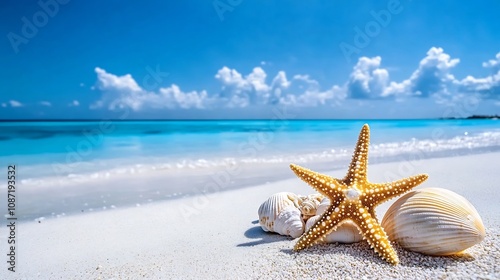 Starfish and Seashells on a Sunny Tropical Beach,Vacation Destination