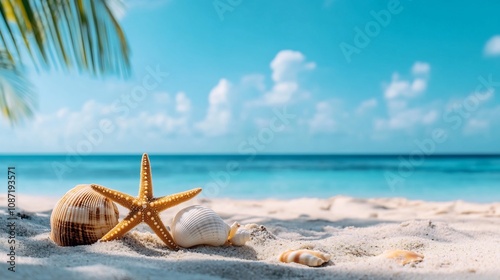 Tropical Beach Vacation with Starfish and Seashells on Sandy Shore