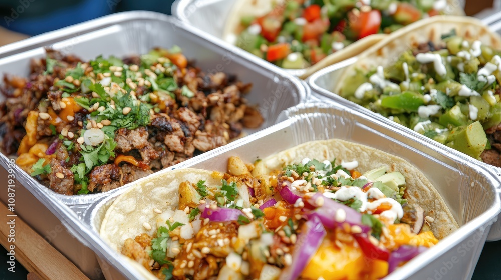 Fusion-style tacos served as appetizers, bright and clean aesthetic, [appetizers], [street food elevated]