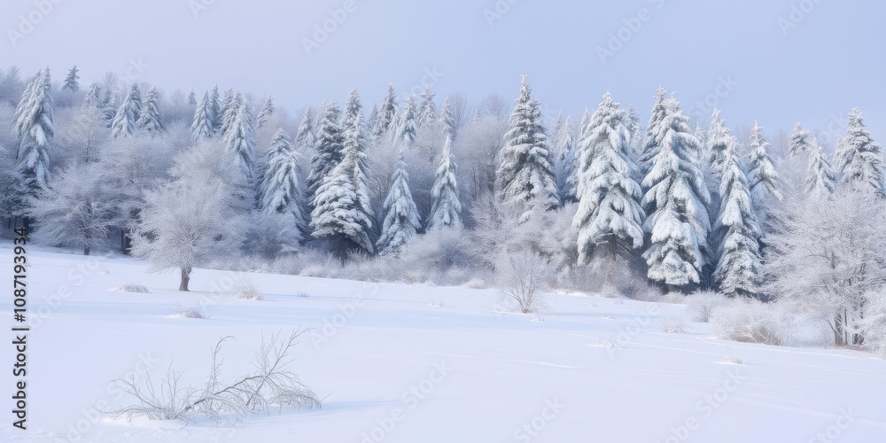 Winter landscape with snow-covered trees and a blanket of snow on the ground, snow Winter landscape with snow-covered trees and a blanket of snow on the ground, snow