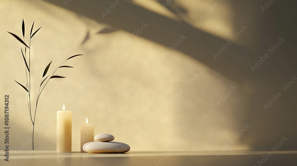 A pair of candles rest atop a table alongside a vase with a plant perched upon it A pair of candles rest atop a table alongside a vase with a plant perched upon it