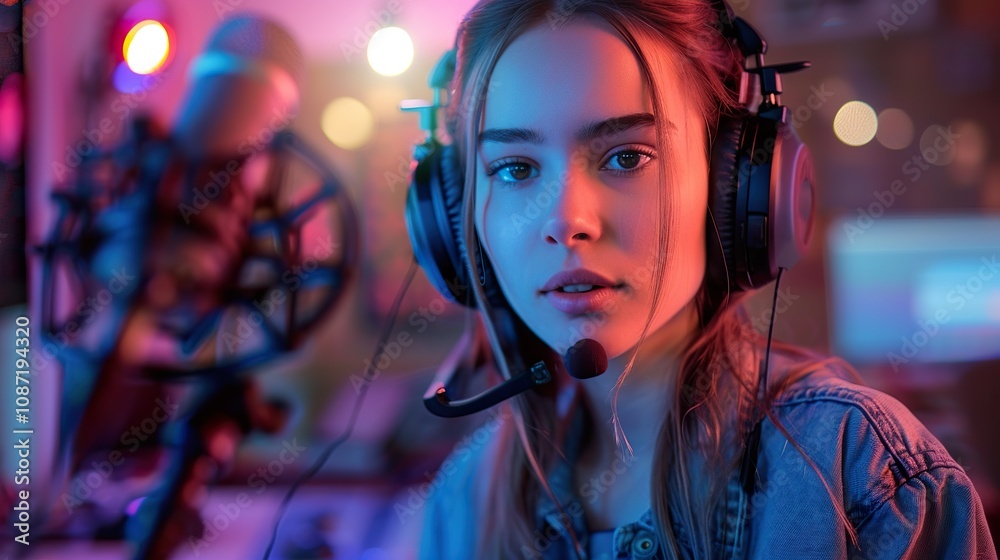 A young woman skillfully operates audio and video equipment in a professional podcast or video production studio, demonstrating expertise in digital media content creation A young woman skillfully operates audio and video equipment in a professional podcast or video production studio, demonstrating expertise in digital media content creation