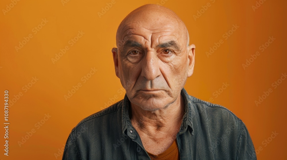 A man with a bald head and a beard is standing in front of a yellow background. He has a serious expression on his face A man with a bald head and a beard is standing in front of a yellow background. He has a serious expression on his face