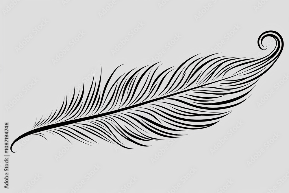 Obraz premium Bold line drawing of a phoenix feather, symbol of rebirth and fortune, black lines on white background, suitable for coloring
