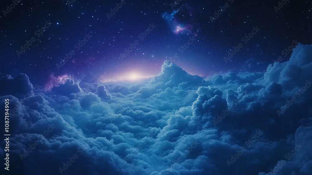 Majestic view of clouds and stars illuminating the night sky over a tranquil landscape Majestic view of clouds and stars illuminating the night sky over a tranquil landscape