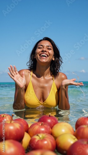 A radiant African-American woman revels in water with surrounding fresh apples exuding happiness and life under a vibrant blue sky photo