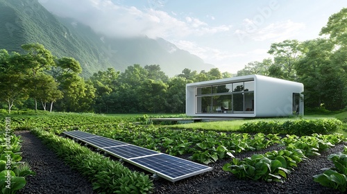 A cutting edge solar powered abode nestled amidst a verdant wildlife friendly landscape embodying the principles of regenerative living in the face of climate change  Sleek photo