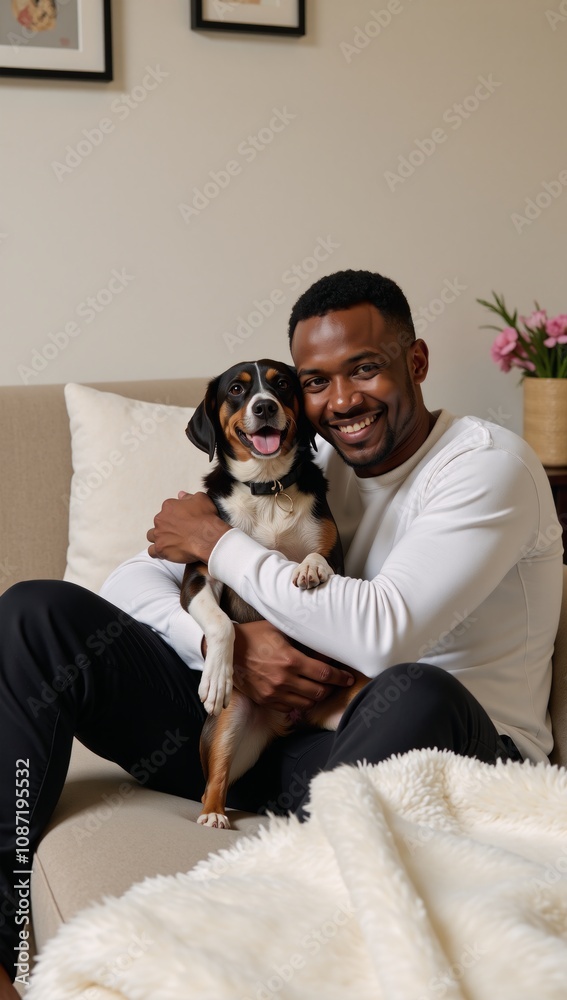 Fototapeta premium A tender scene featuring a loving black man with his pet dog at home digital art illustration