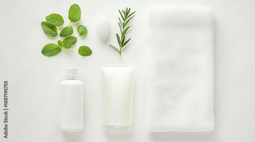 A bottle, tube, and towel on white surface A bottle, tube, and towel on white surface