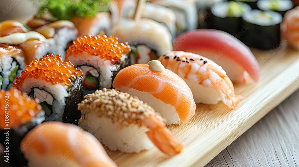 Gourmet sushi bites with abstract plating, clean background, [appetizers], [fusion Japanese cuisine] 
