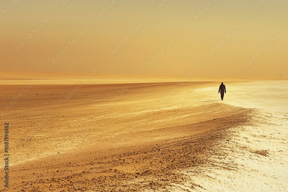 Obraz premium Solitary Journey: A Figure Walking on a Tranquil Golden Horizon