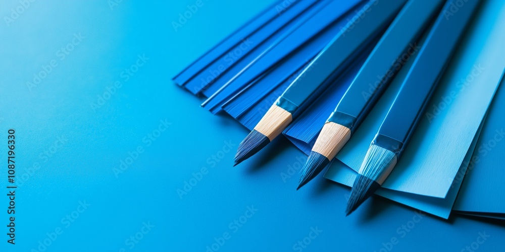 A vibrant collection of blue art tools, including pencils and brushes, arranged artistically on a matching background. A vibrant collection of blue art tools, including pencils and brushes, arranged artistically on a matching background.