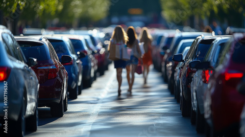 Wallpaper Mural A group of individuals strolls down a bustling street lined with parked cars on a bright, sunny day, highlighting urban movement and social life Torontodigital.ca
