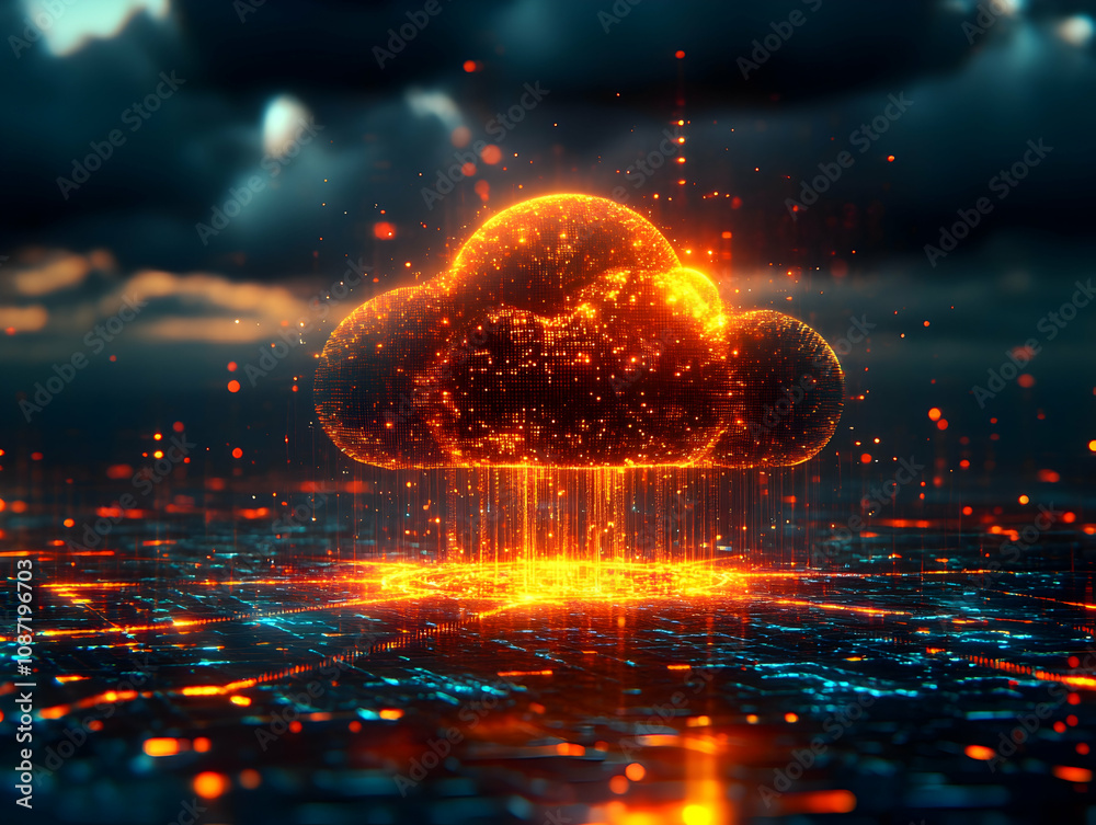 Fototapeta premium Fiery digital cloud raining data over futuristic city.