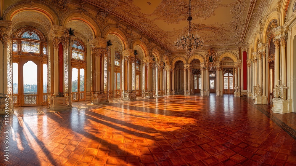 Obraz premium An elegant interior of a grand hall with ornate architecture and warm wooden flooring.