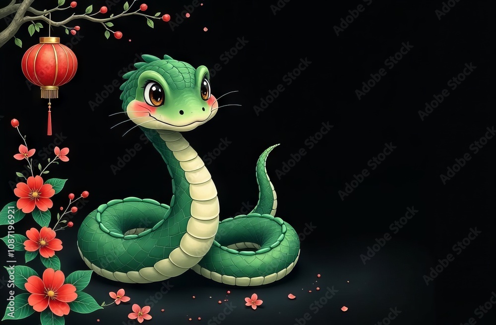 Fototapeta premium Watercolor christmas card with snake and flowers on black background, space for text