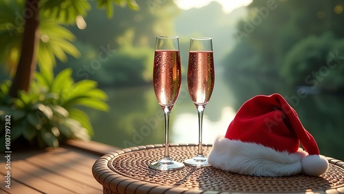 Two glasses of pink champagne with christmas hat on jungle background