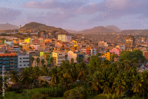 The neighborhoods of Praia, the capital of Cabo Verde, with the multi colored buildings and hilly landscape. 