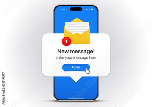 New message notification concept on realistic smartphone mockup. New email pop up. Incoming, open messaging. Chatting, mail, post, letter symbol, sign, emblem with new notification for UI UX website photo