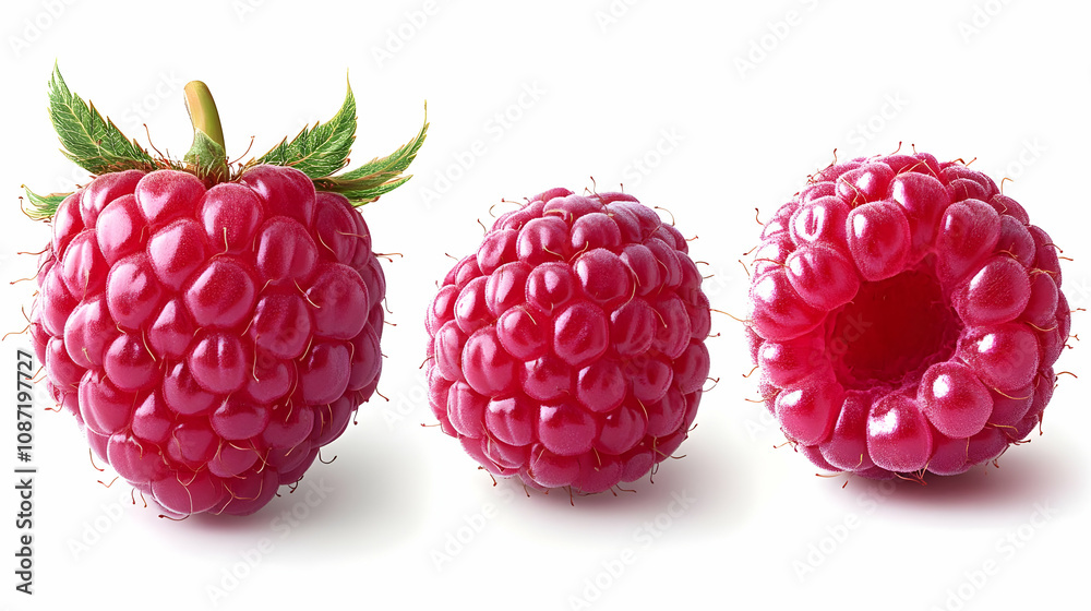 Three Red Raspberries on White Background - Photo Three Red Raspberries on White Background - Photo