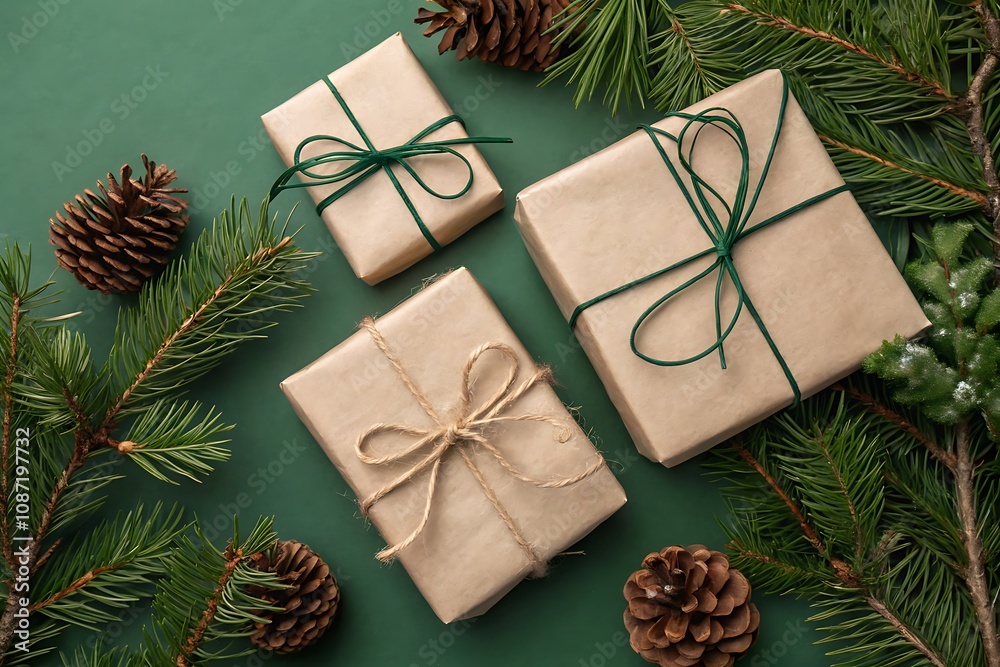 Eco-Friendly Christmas Gifts Wrapped in Brown Paper with Pine Branches Eco-Friendly Christmas Gifts Wrapped in Brown Paper with Pine Branches