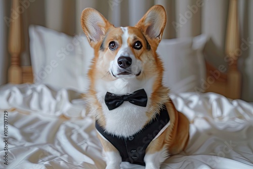 A dapper Pembroke Welsh Corgi in a tuxedo, sits on a luxurious white bed, looking elegant. photo