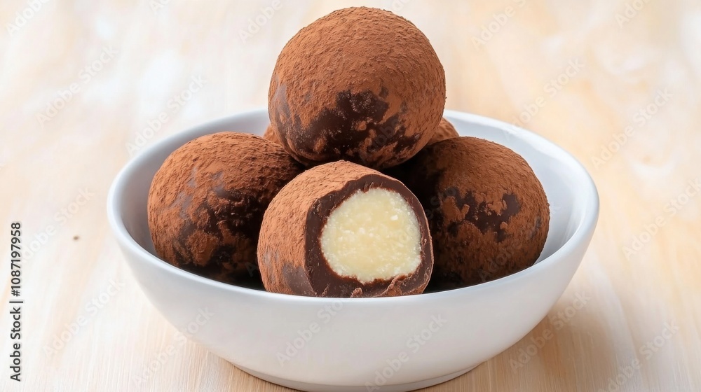 Delicious chocolate-coated truffles filled with creamy centers, beautifully arranged in a white bowl on a light wooden surface. Delicious chocolate-coated truffles filled with creamy centers, beautifully arranged in a white bowl on a light wooden surface.