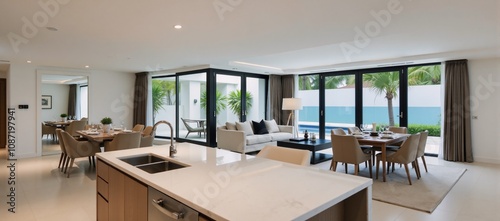 A luxury interior design showcases a kitchen  living room with an island counter and furnishings within a villa with a swimming pool