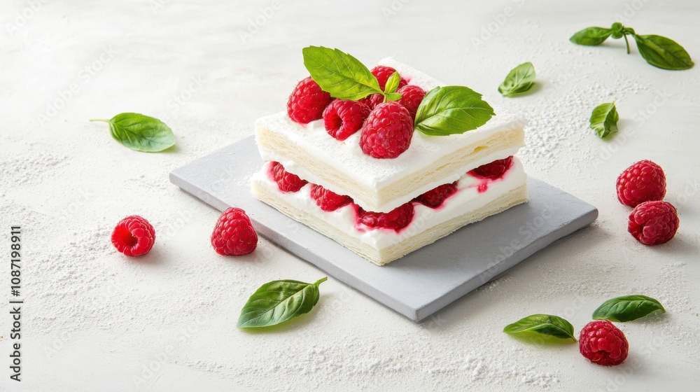 A creamy dessert layered with raspberries and garnished with fresh mint on a light plate, surrounded by scattered berries and leaves. A creamy dessert layered with raspberries and garnished with fresh mint on a light plate, surrounded by scattered berries and leaves.