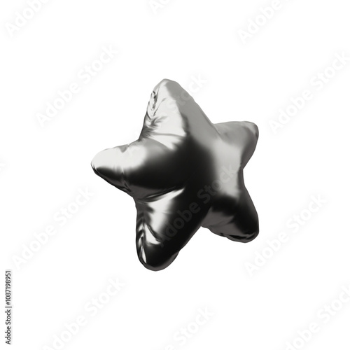 3d inflatable five-pointed star in chrome silver color on isolated background.