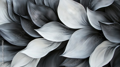   A painting of a white flower, its black and white petals seemingly floating in the air photo