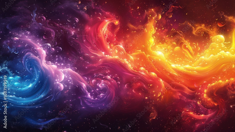 Vibrant cosmic colors swirl in a dynamic display of blue, purple, orange, and yellow tones across a dark background Vibrant cosmic colors swirl in a dynamic display of blue, purple, orange, and yellow tones across a dark background