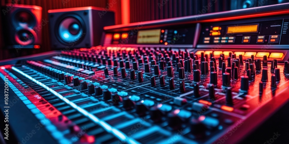 Professional audio mixing console in modern recording studio with vibrant lighting Professional audio mixing console in modern recording studio with vibrant lighting