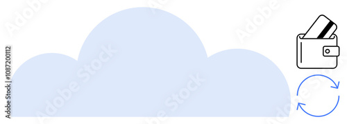 Cloud with wallet holding cards and circular arrows representing transaction cycles. Ideal for cloud storage, digital payments, financial transactions, technology services, e-commerce, fintech, data