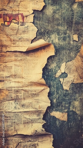 Layers of weathered newspaper peel away from a grungy wall, revealing a textured palimpsest of time. Faded text and torn edges create a nostalgic, urban decay aesthetic. photo