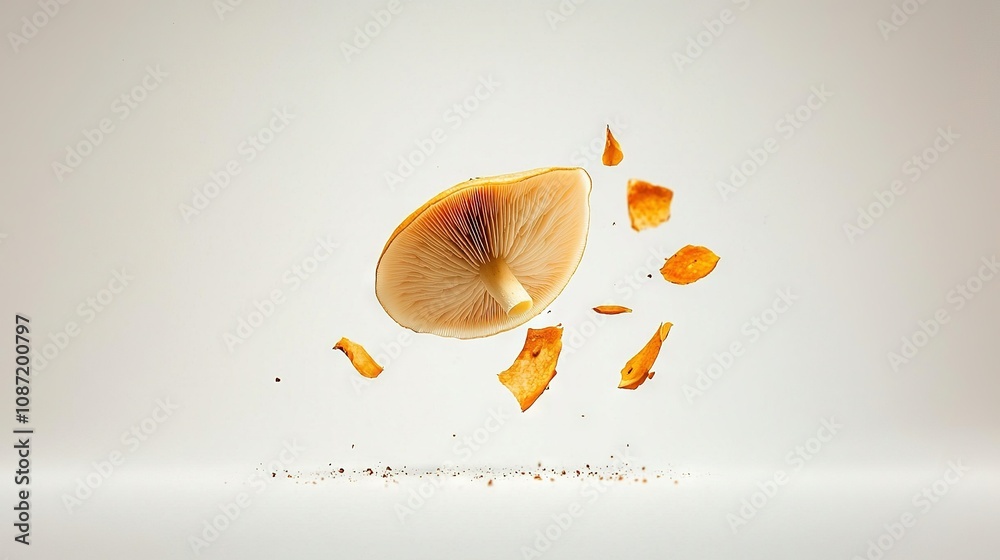 Fototapeta premium A mushroom is cut into pieces and displayed on a white surface as some fall off the top