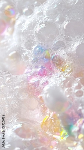 Ethereal iridescent bubbles float in a dreamy, soft-focus landscape, creating a mesmerizing interplay of light, color, and delicate textures.