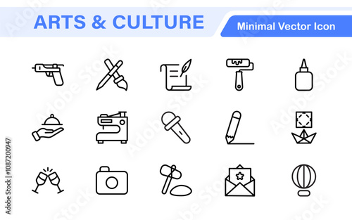 Arts and Culture Icon Set. High-quality icons for Museums, Music, Dance, Theater, Festivals, artistic Expression, Traditions, History, Crafts, and Creative Activities