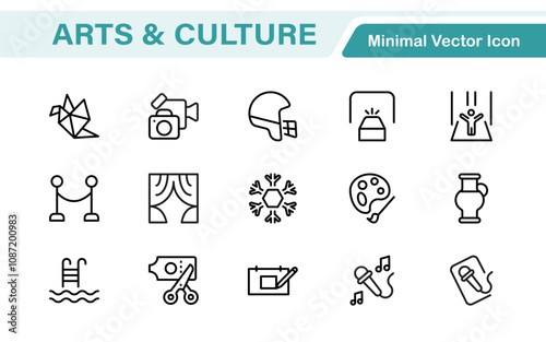 Arts and Culture Icon Set. High-quality icons for Museums, Music, Dance, Theater, Festivals, artistic Expression, Traditions, History, Crafts, and Creative Activities