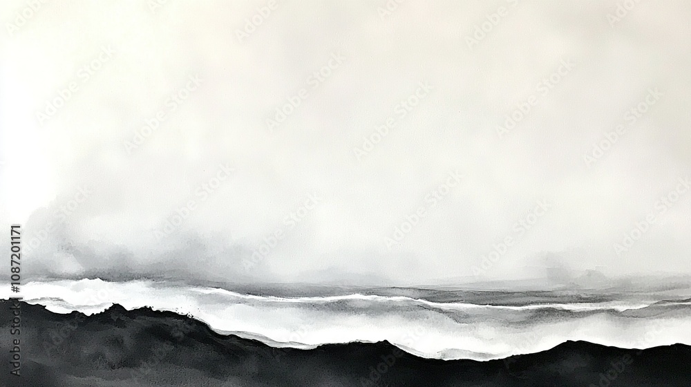 Black and white painting depicts a vast waterbody with a boat centered Black and white painting depicts a vast waterbody with a boat centered