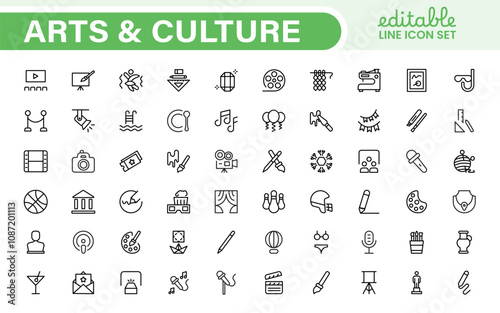 Arts and Culture Icon Set. High-quality icons for Museums, Music, Dance, Theater, Festivals, artistic Expression, Traditions, History, Crafts, and Creative Activities