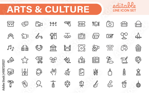 Arts and Culture Icon Set. High-quality icons for Museums, Music, Dance, Theater, Festivals, artistic Expression, Traditions, History, Crafts, and Creative Activities