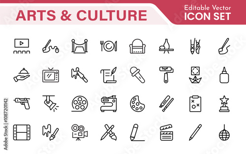 Arts and Culture Icon Set. High-quality icons for Museums, Music, Dance, Theater, Festivals, artistic Expression, Traditions, History, Crafts, and Creative Activities
