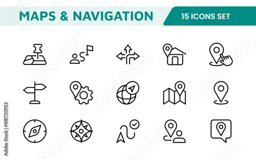 Maps Icon Set. Versatile and visually appealing icons for navigation, location services, and travel apps, designed to enhance user experience and make exploring the world more intuitive and enjoyable.