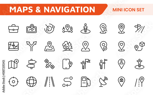 Maps Icon Set. Versatile and visually appealing icons for navigation, location services, and travel apps, designed to enhance user experience and make exploring the world more intuitive and enjoyable.