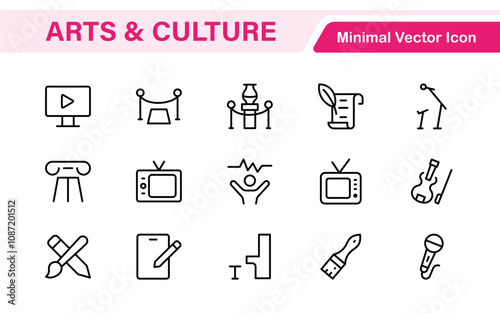 Arts and Culture Icon Set. High-quality icons for Museums, Music, Dance, Theater, Festivals, artistic Expression, Traditions, History, Crafts, and Creative Activities